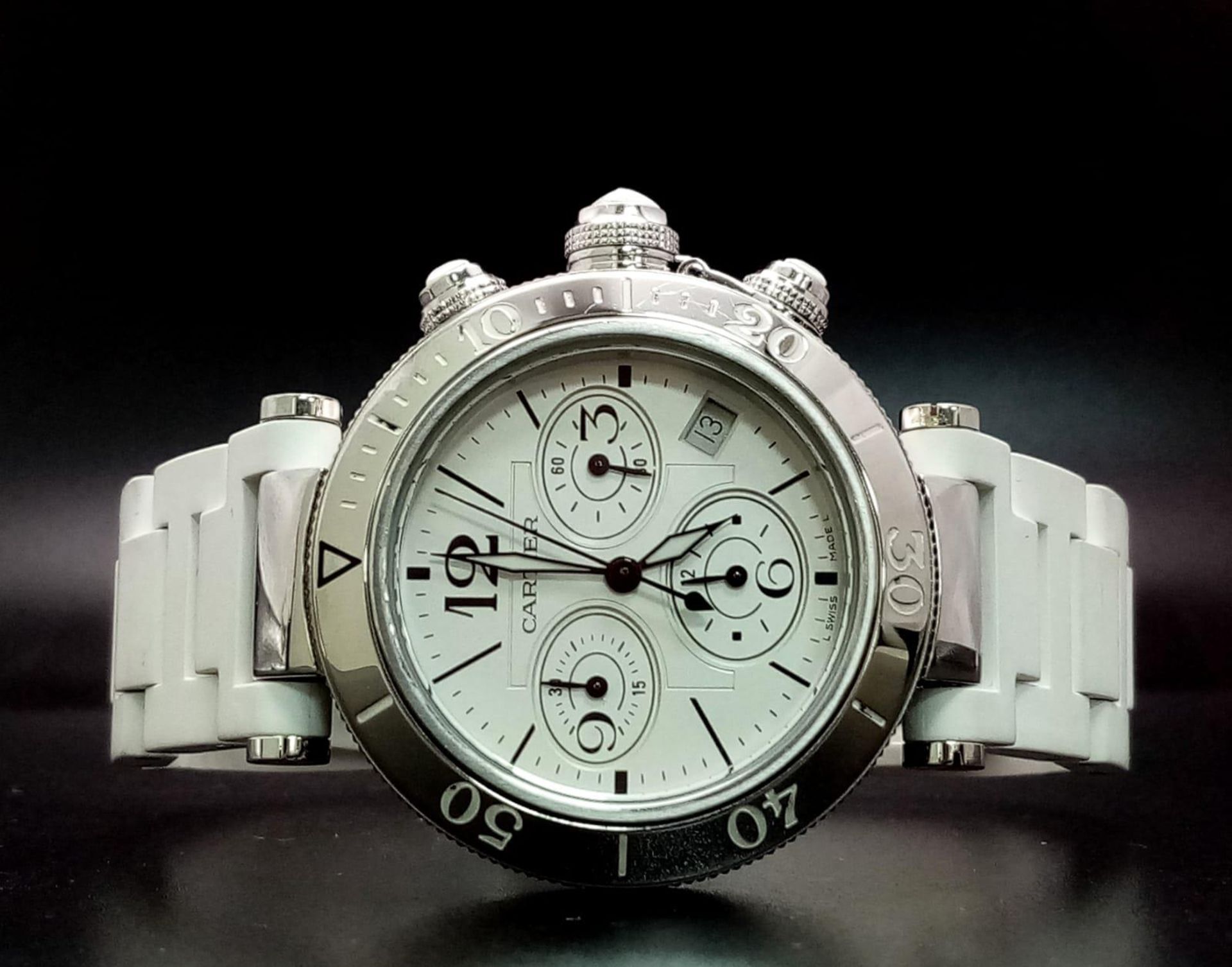 A Pasha de Cartier Automatic Ladies Chronograph Watch. White rubber strap. Stainless steel case - - Image 3 of 15