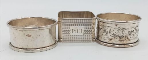 A Parcel of Three Antique and Vintage Silver and White Metal Napkin Rings Comprising; 1) An 1852