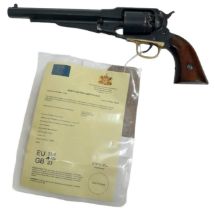 A .44 CALIBRE UBERTI BLACK POWDER REVOLVER WITH BRASS PLATE AND VARNISHED WOODEN GRIPS. COMES WITH A