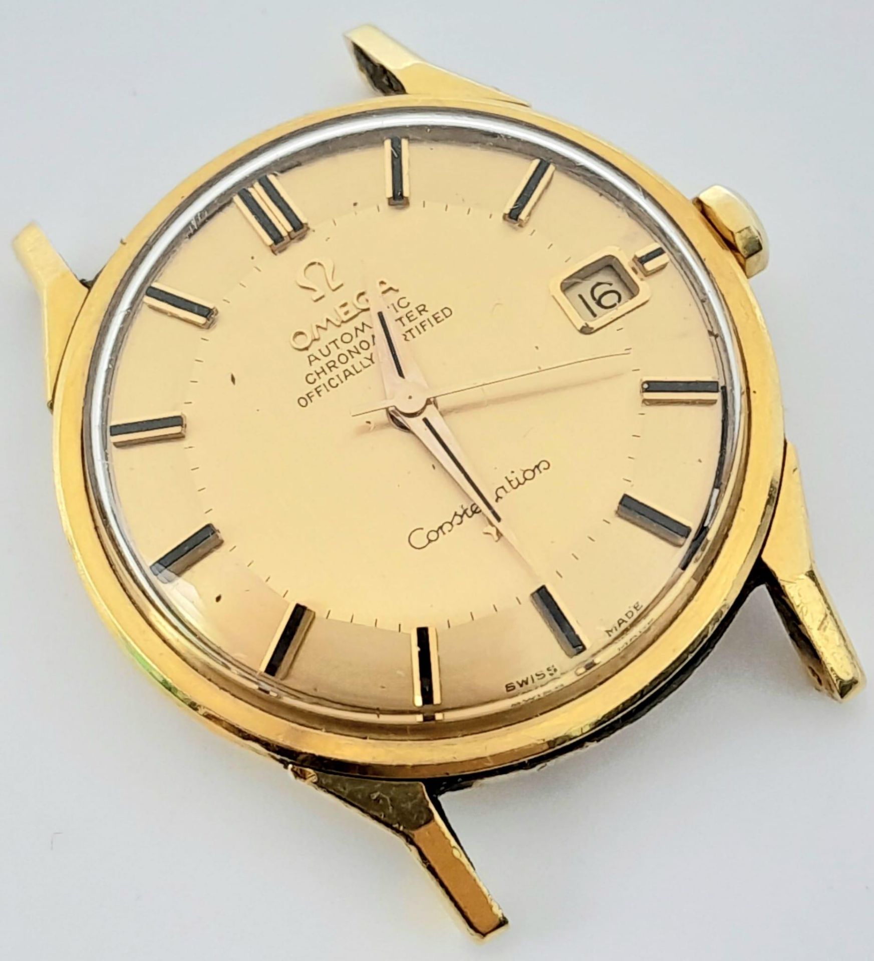 A Vintage Omega 18K Gold Constellation Watch. Just the case -34mm, gold tone dial with date window