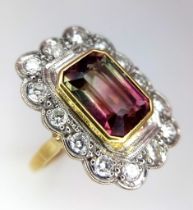 18K Yellow Gold, Diamond (0.45ct) Bordered Ring with a 3ct Emerald Cut Bi-Colour Tourmaline. Weight: