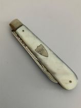 Antique SILVER BLADED FRUIT KNIFE Having mother of pearl handle and beautifully engraved SILVER