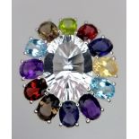 An Amethyst, Citrine and Garnet Gemstone Ring set in 925 Silver. Large CZ central stone with multi-