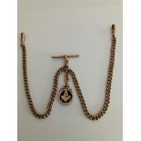 Antique 9 carat ROSE GOLD DOUBLE ALBERT WATCH CHAIN with GOLD MASONIC FOB and T-bar. Every link 9 ct