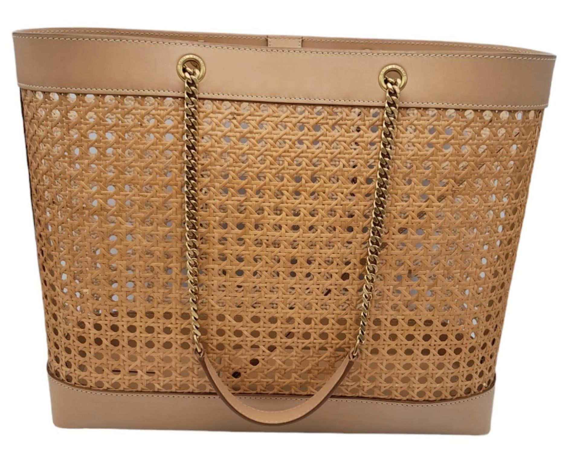 A Saint Laurent Beige Tote Bag. Woven rattan and leather trim exterior. Magnetic closure, gold-toned - Image 3 of 12