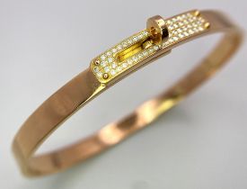 A Hermes Kelly Bracelet in 18k Rose Gold with 61 Sparkling White Diamonds. Interior Circumference
