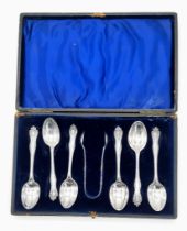 An Antique Sterling Silver Teaspoon and Sugar Tong Set. Hallmarks for Sheffield 1902. Makers mark of