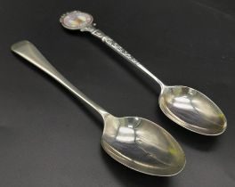 A pairing of interesting Silver teaspoons. - 1920 BIRMINGHAM Silver Spoon with enamelled top '