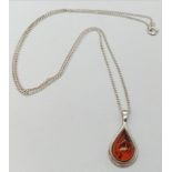 A Sterling Silver Amber Set, Tear Drop Pendant Necklace. 46cm Length in Presentation Box. Pendant