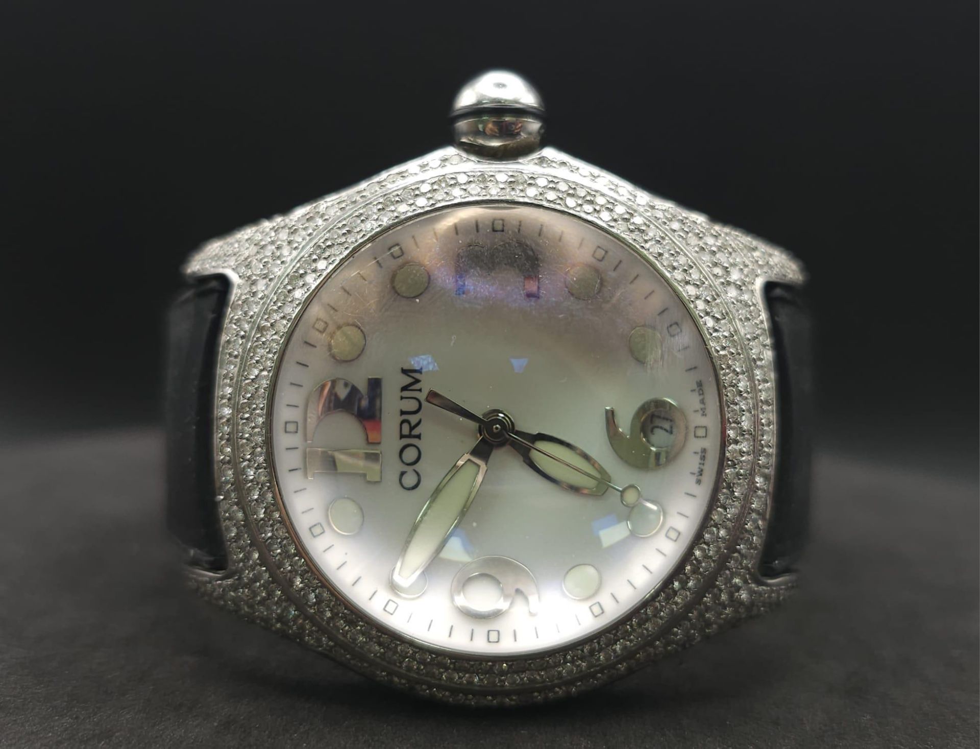 A Corum Boutique Diamond Ladies Watch. Black leather strap. Stainless steel diamond encrusted - Bild 3 aus 13