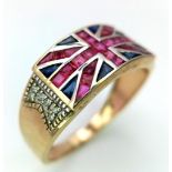 9K Yellow Gold Stunning Diamond, Sapphire & Ruby Ring. Se in the shape of a Union Jack. Size: Y