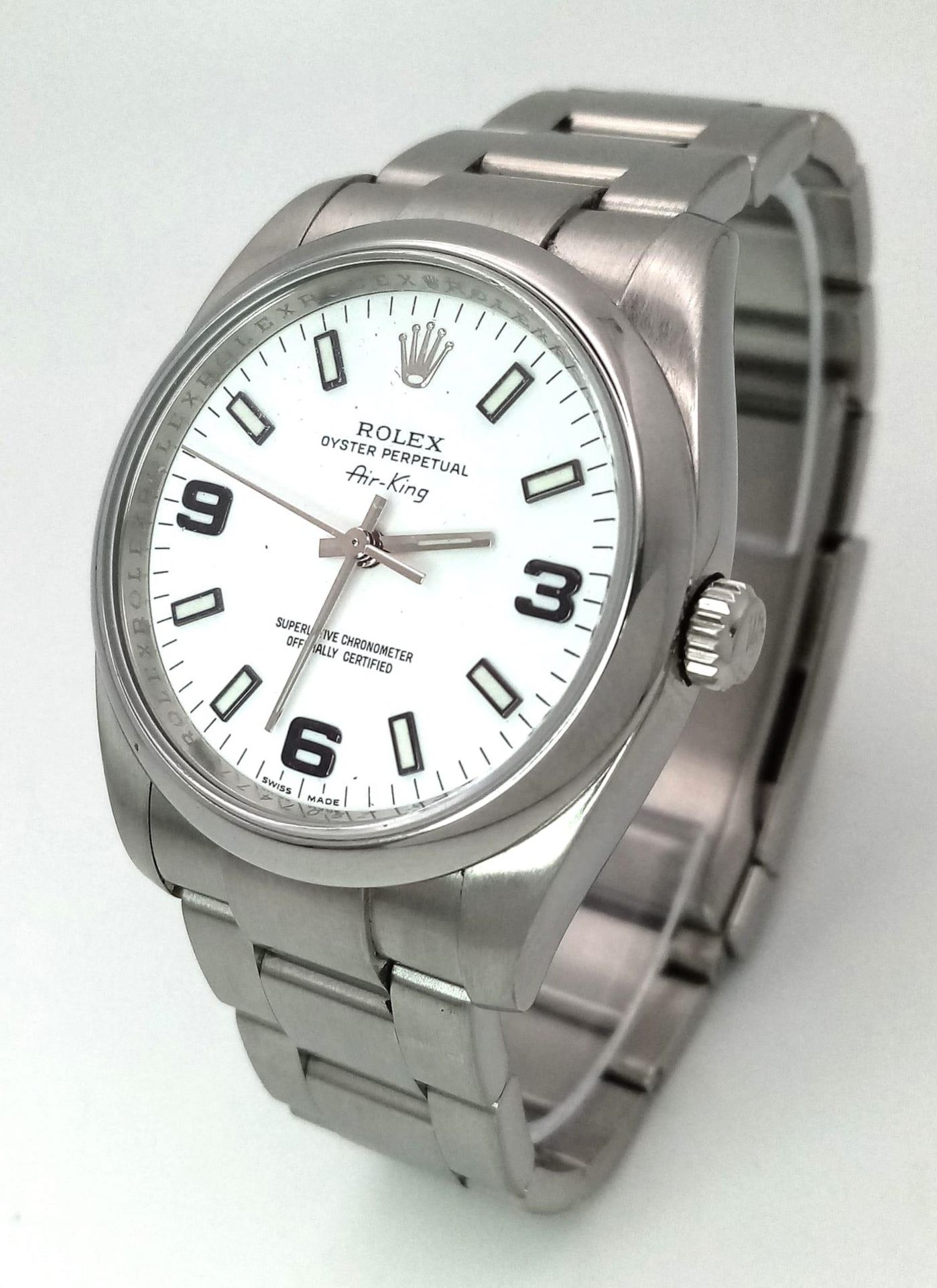 A Rolex Oyster Perpetual Air-King Gents Watch. Stainless steel bracelet and case - 35mm. White dial.