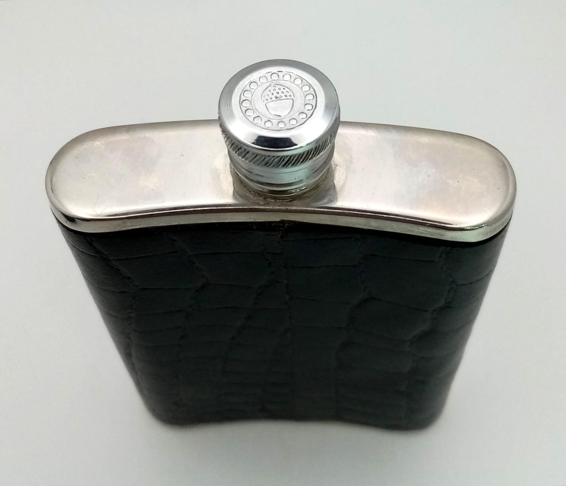 An Ebony Trinket Box and a Small Stainless steel and Leather Nip Flask! 10cm flask height. 7cm - - Bild 2 aus 5