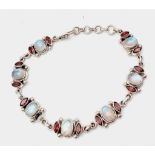 A Vintage Sterling Silver Moonstone and Garnet Set Chain Link Bracelet. 19-21cm Length Fit. Set with