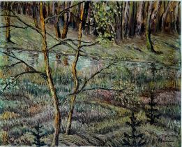 AN OIL ON BOARD PAINTING BY CHARLES GARABED ATAMIAN (1872-1947) OF A MOTTLED FOREST LANDSCAPE 38 X