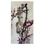Plum blossom with crimson petals - Chinese ink and watercolour on paper scroll. Attributed to