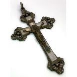 An Antique Large White Metal and Glass Crucifix Pendant. Appears Italian Origin. Size: 14cm Tall.