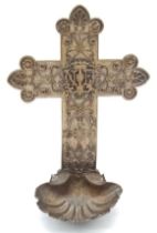 A Rare Antique Bronzed Religious Font Cross with Crest. Possibly Linked to Notre Dame. Size: 10cm