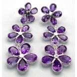A Pair of Amethyst Floral Drop Earrings set in 925 Silver. 6cm drop.