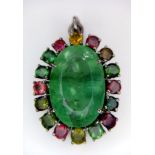 A Fluorite and Tourmaline Halo 925 Silver Pendant. Flourite - 22ctw. 14g total weight. 4cm. Comes