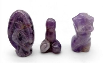 Three Sexual Amethyst Figurines. Please see photos for finer details. No certificate so a/f.