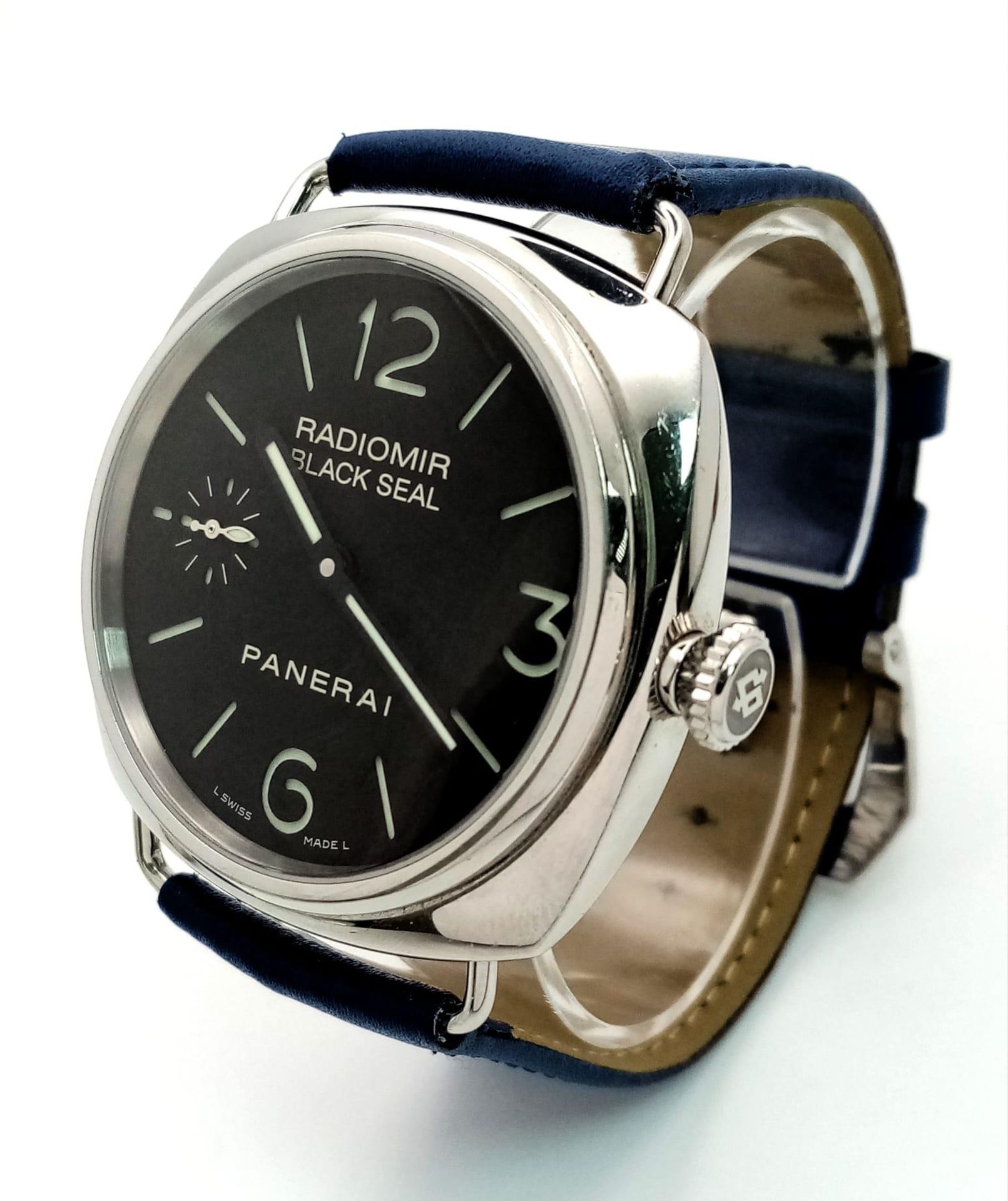 A Panerai Radiomir Black Seal Gents Watch. Blue leather strap. Stainless steel case - 46mm. Black