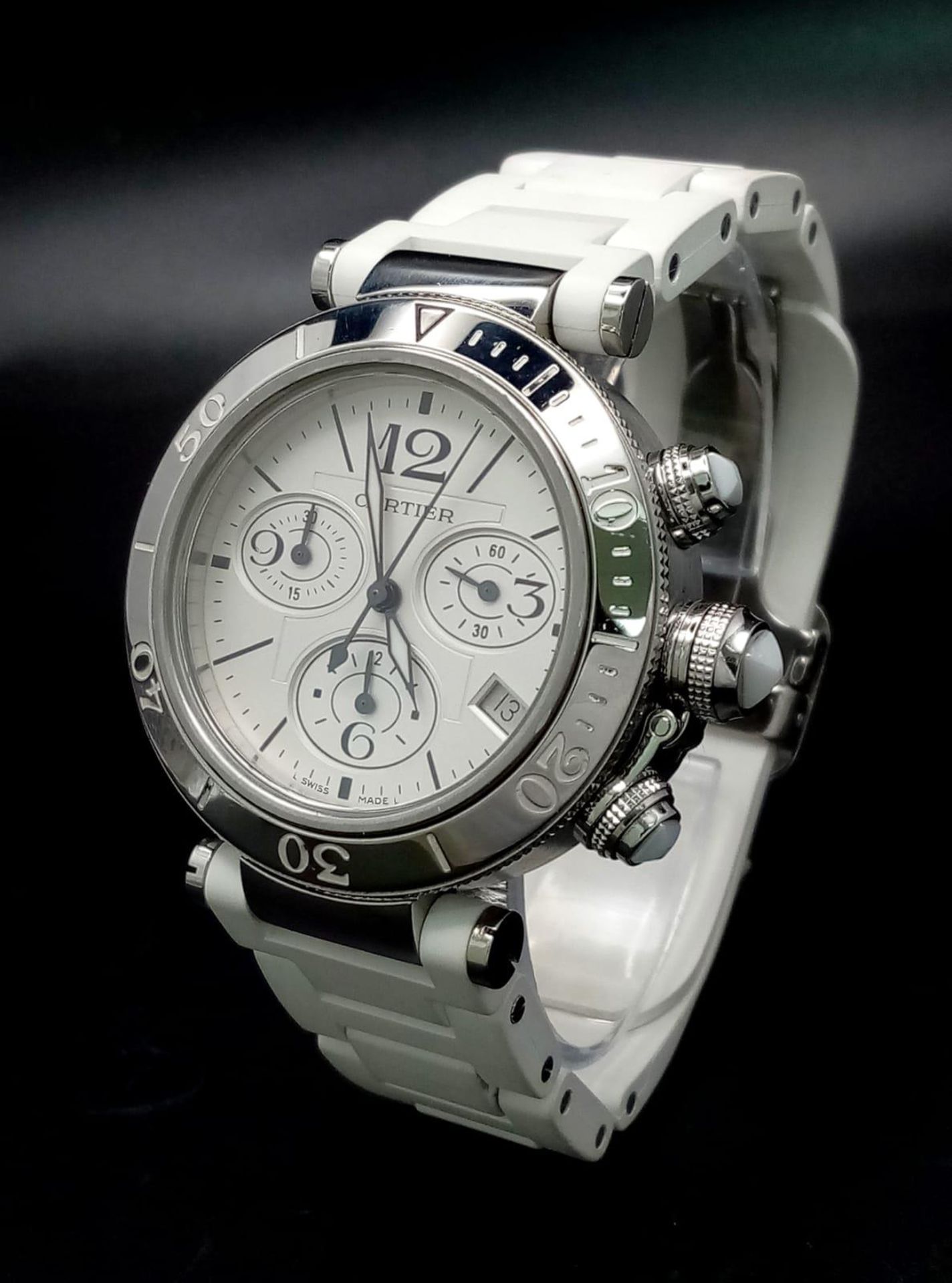 A Pasha de Cartier Automatic Ladies Chronograph Watch. White rubber strap. Stainless steel case -