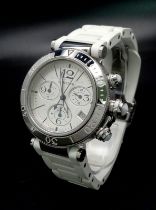 A Pasha de Cartier Automatic Ladies Chronograph Watch. White rubber strap. Stainless steel case -