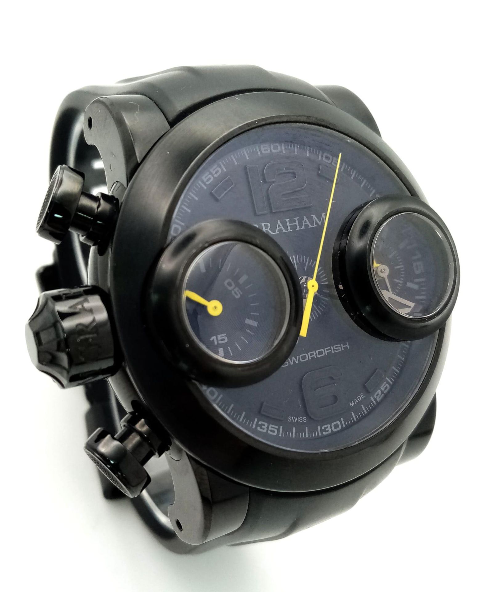 A Graham Swordfish Chronograph Automatic Gents Watch. Black rubber strap. rubber and steel case -