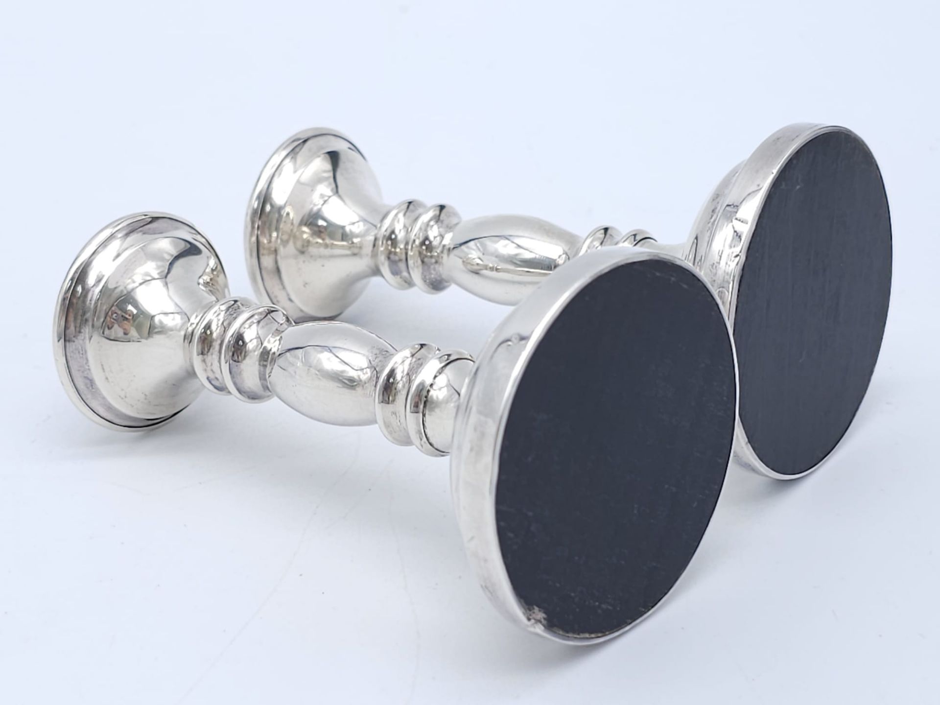 A Pair of Almost Antique 925 Sterling Silver Short Candlestick Holders. Hallmarks for Birmingham - Image 6 of 7