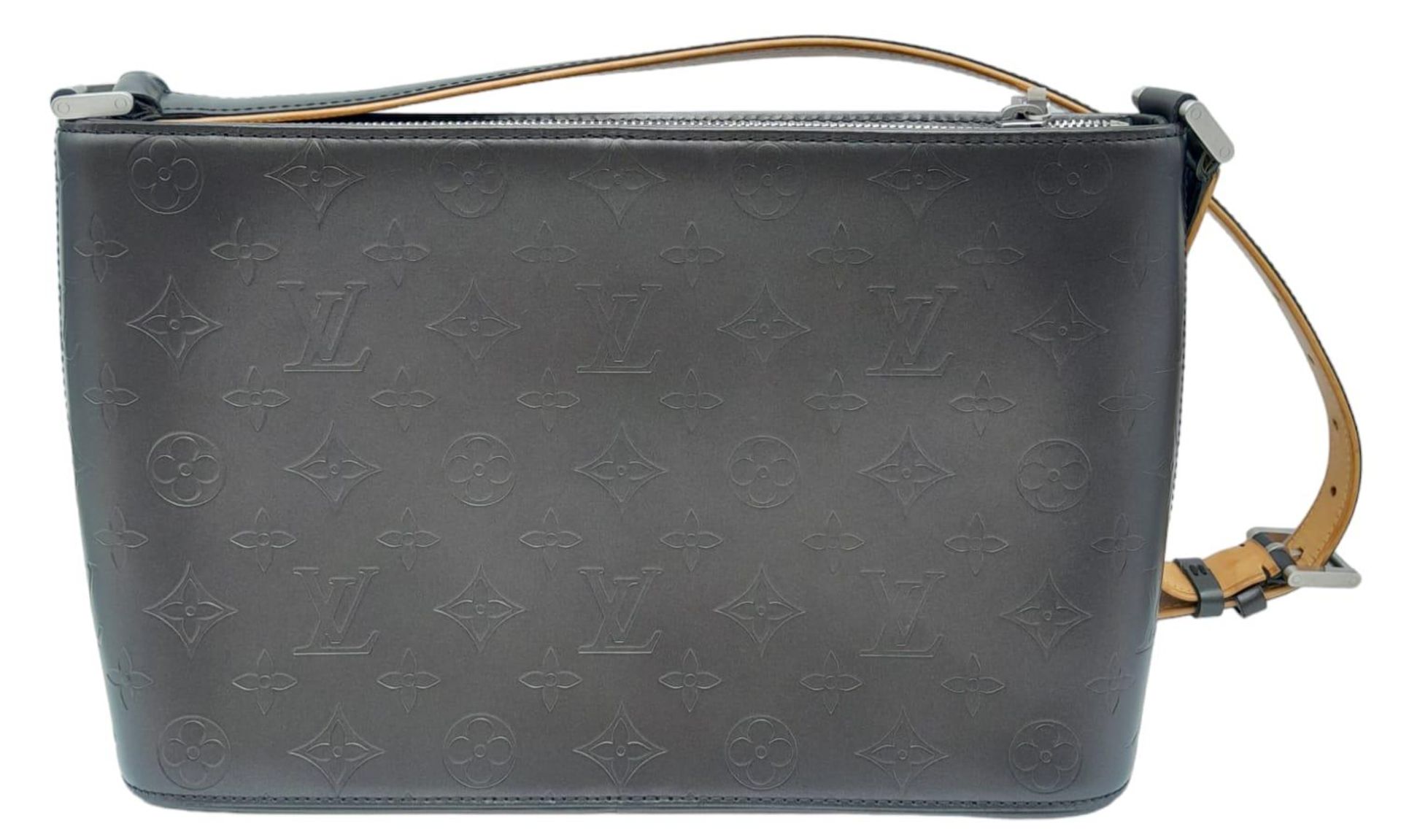 Louis Vuitton Black Leather Handbag. LV monogrammed, silver tone hardware and adjustable 2-toned - Image 3 of 7