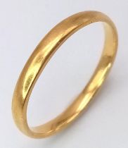 A 22K Yellow Gold Band Ring. Full UK hallmarks. Size K. 1.85g weight.