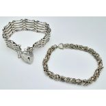 2X unique vintage silver bracelets with unique designs. One come with the heart padlock and fully
