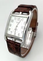 A STYLISH "HERMES"AUTOMATIC GENTS TANK STYLE WATCH 30 X 30mm COMES ON THE ORIGINAL HERMES BROWN