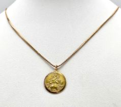 A 9K Yellow Gold St. Christopher Pendant on a 9K Yellow Gold Necklace. Pendant - 17mm diameter.