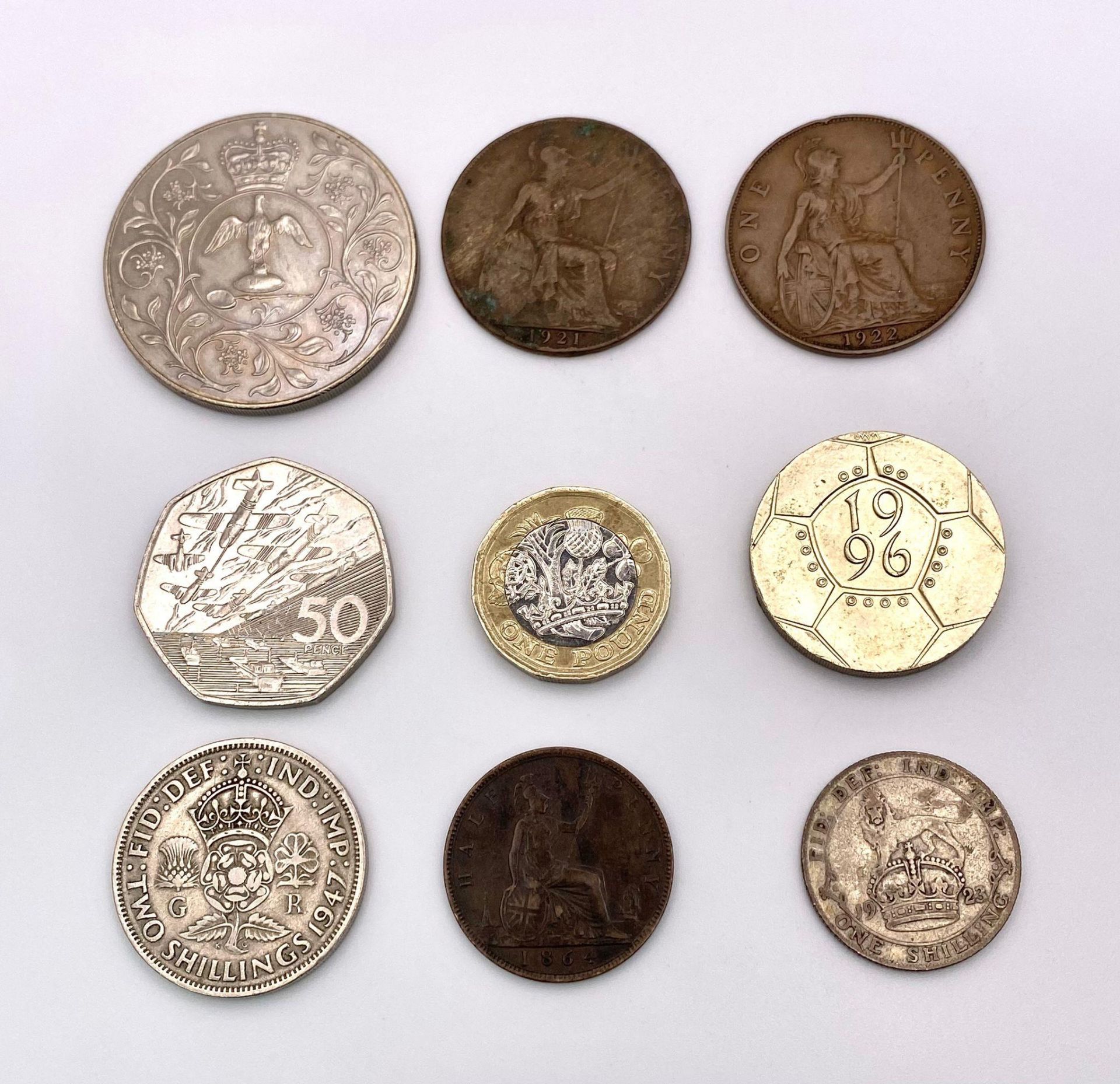 A parcel of 8 interesting British Coins. 1x Elizabeth II, Crown 1977 1x Elizabeth II, Euro 96 - Image 2 of 3