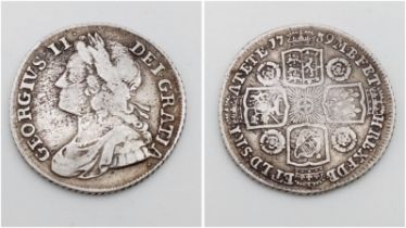 A 1739 George II Silver Shilling Coin. Roses in angles. Normal garter star at centre. S3701.