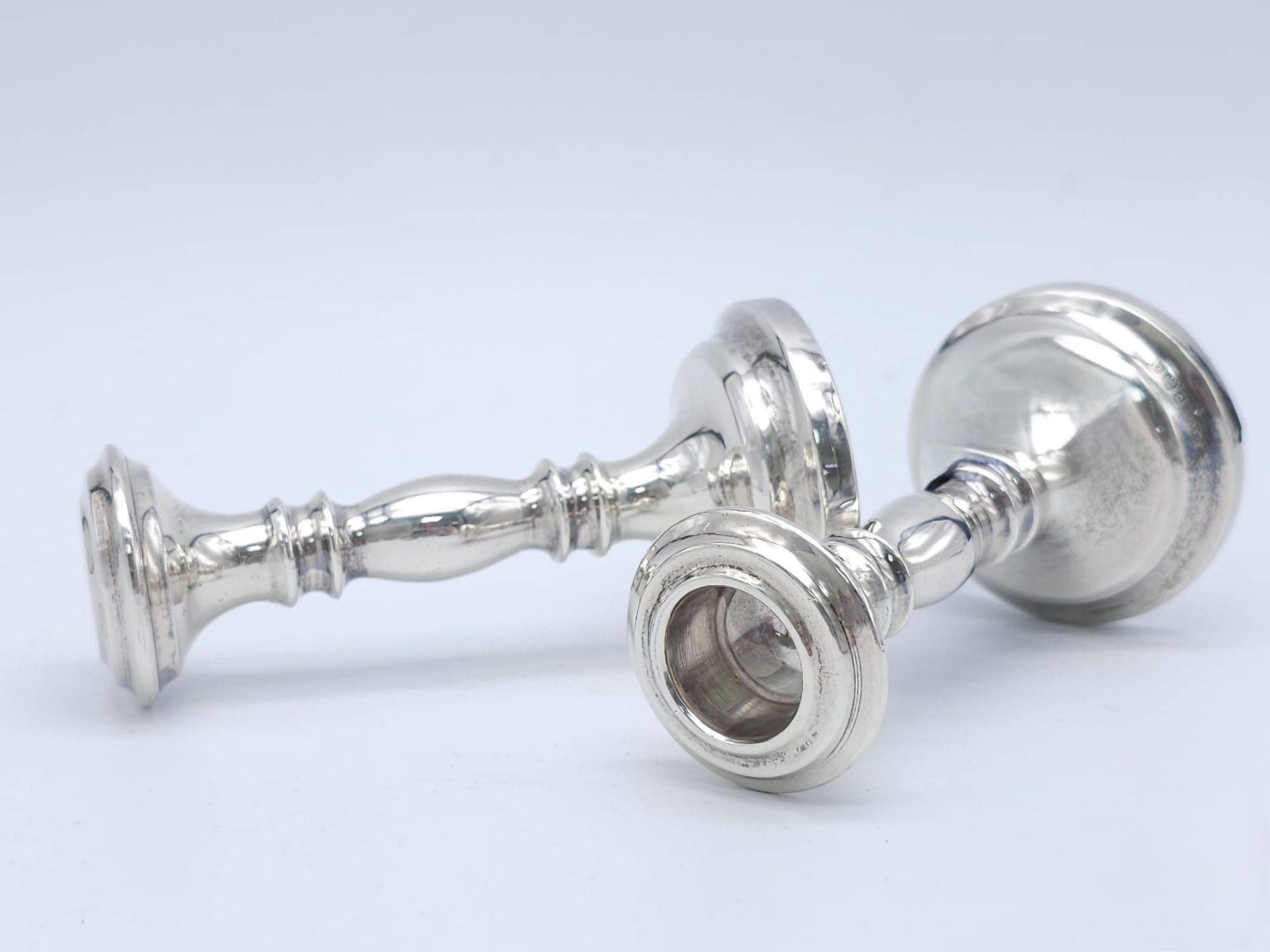 A Pair of Almost Antique 925 Sterling Silver Short Candlestick Holders. Hallmarks for Birmingham - Image 3 of 7