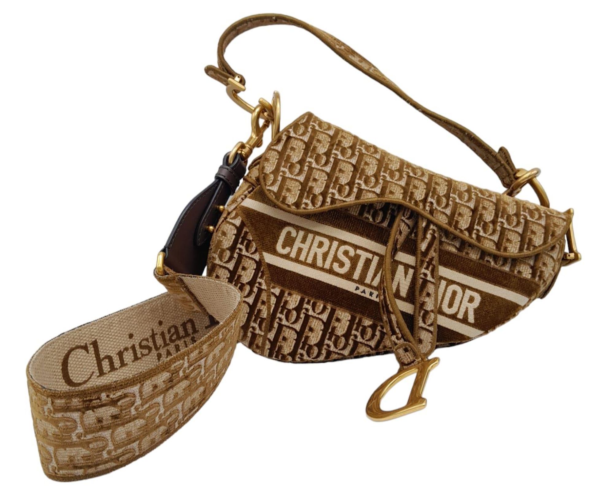 Christian Dior Saddle Handbag. Brown monogrammed velvet bag with gold tone hardware. Additional, - Image 2 of 9