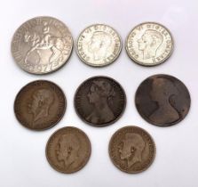 A parcel of 8 interesting British Coins. 1x Elizabeth II, Crown 1977 2x George VI, Two Shilling