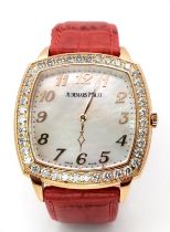 AN AUDEMARS PIGUET 18K GOLD "TRADITION" DRESS WATCH WITH DIAMOND BEZEL , SKELETON BACK , MOTHER OF