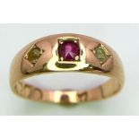 An Antique 15K Gold, Ruby and White Stone Ring. Size N. 3.36g total weight.