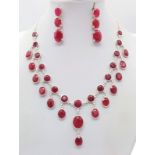 A Ruby Gemstone Necklace on 925 Silver with Matching Ruby Drop Earrings, Necklace Length 36cm,