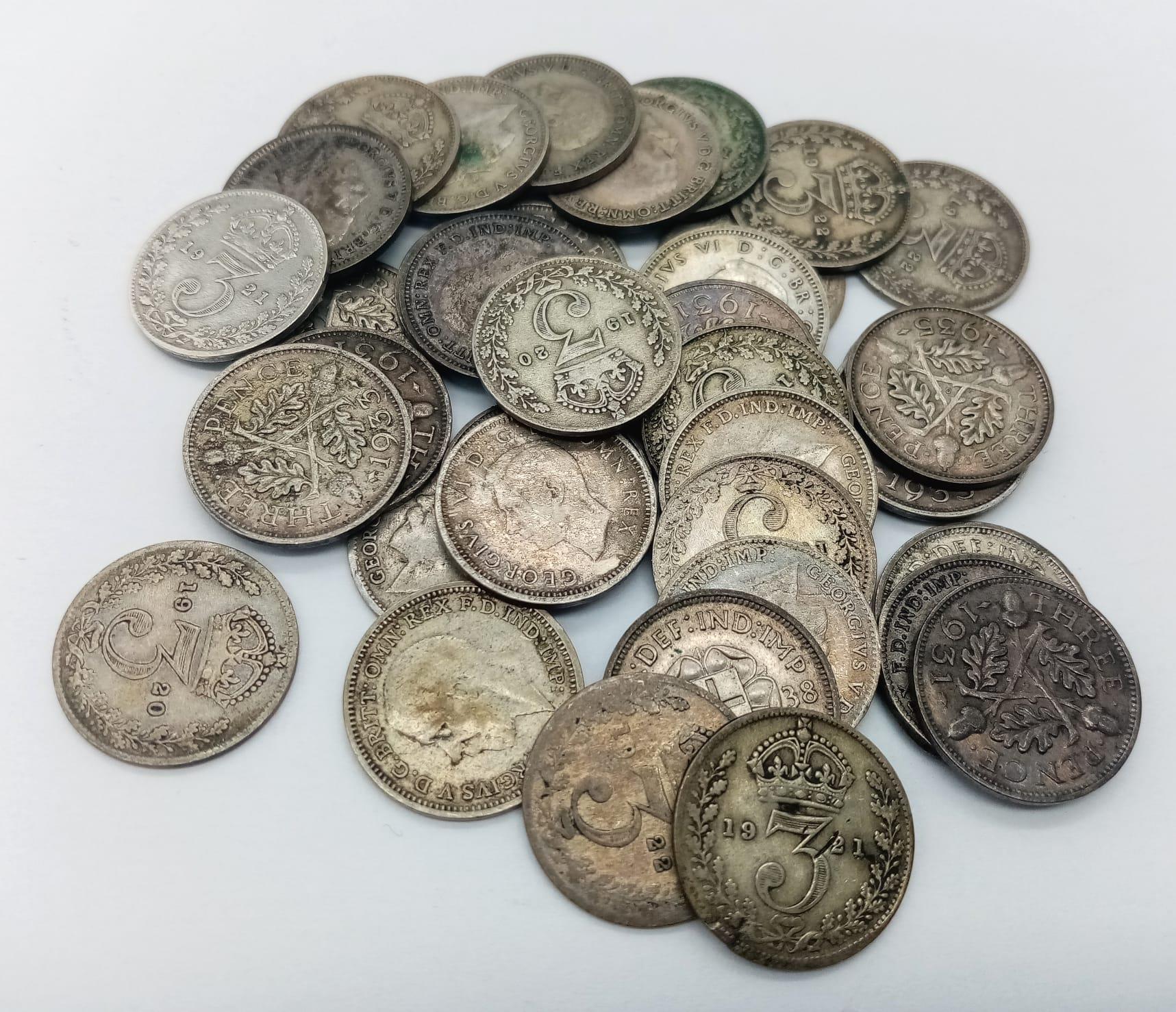 A Parcel of 37 Pre-1947 Silver Three Pences. Dates Range 1920-1939. Gross Weight 51.27 Grams.