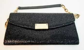 A Jimmy Choo Black Glitter 'Riane' Bag. Leather and sparkly glitter exterior, with gold toned