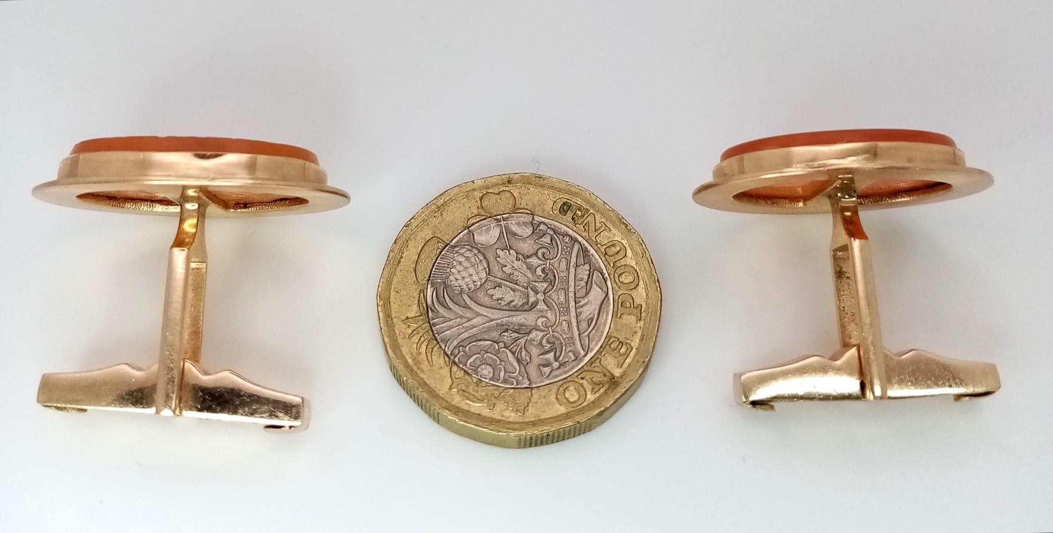 A Pair of Vintage 14K Gold Hand-Carved Orange Hardstone Cufflinks. 13.2g total weight. - Image 4 of 5