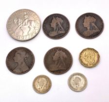 A parcel of 8 interesting British Coins. 1x Elizabeth II Crown - 1977 1x George VI, Three Pence -