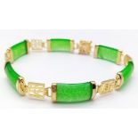 A traditional, high quality, Chinese, gold filled bracelet with green jade, and Chinese characters