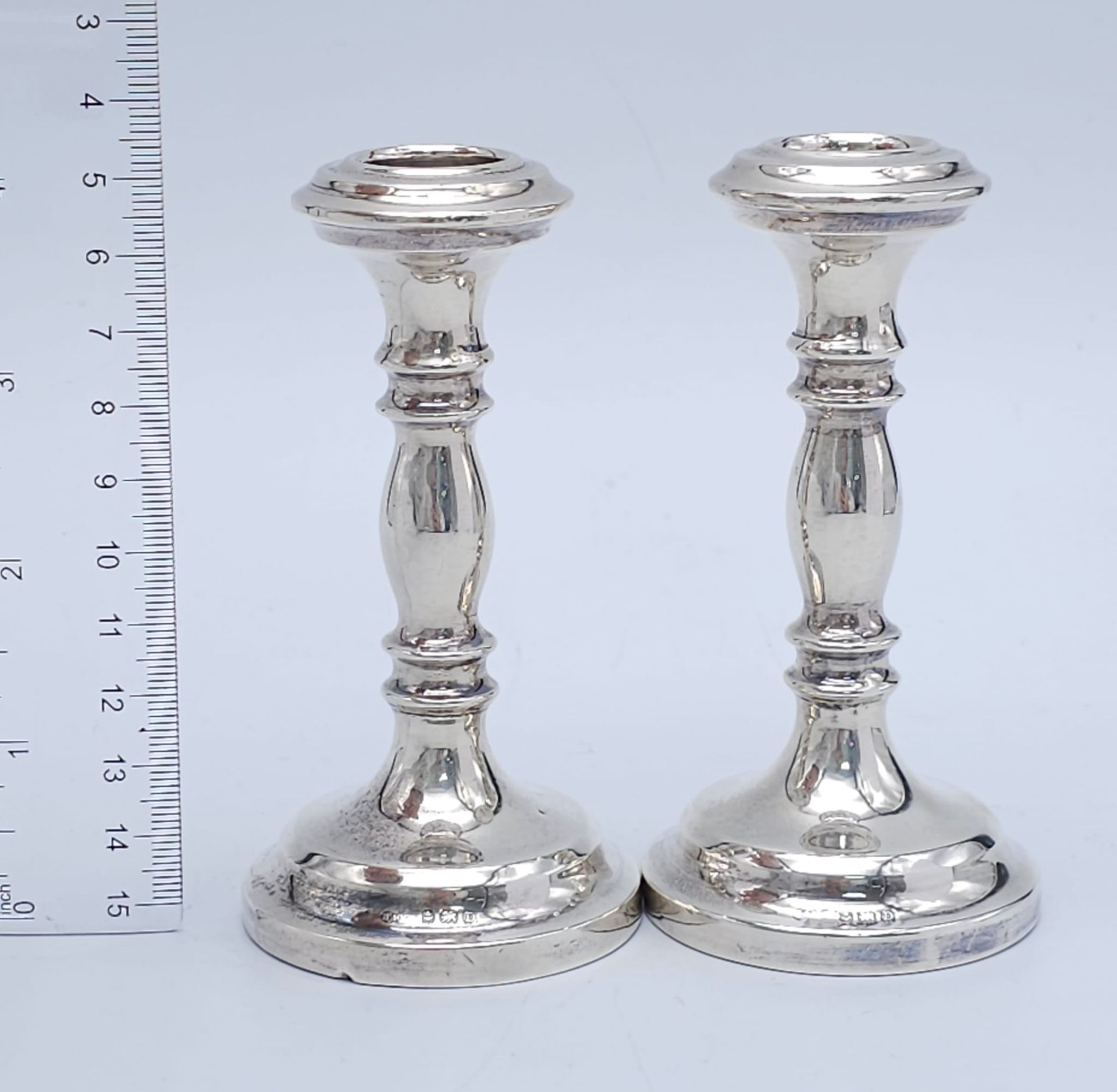 A Pair of Almost Antique 925 Sterling Silver Short Candlestick Holders. Hallmarks for Birmingham - Image 7 of 7