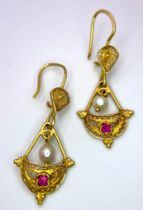 A Pair of Antique 18K Yellow Gold, Pearl and Ruby Drop Earrings. Beautiful 'hanging basket'